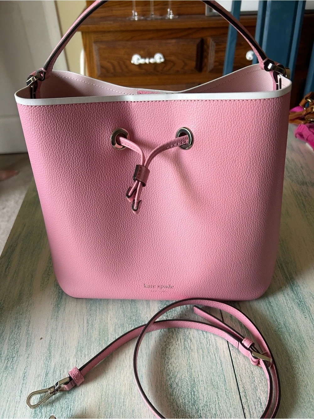 kate spade large Pink Pebble Leather Drawstring Bucket Shoulder Bag -New